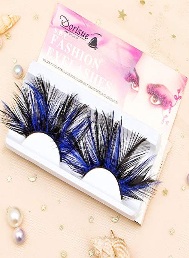 Dorisue Halloween eyelashes Double Lip Black with Blue Big Extra Long Feather eyelashes Long and Thick Exaggerated False Eyelashes Extension for Women Girls Cosplay Fancy Ball Halloween (Blue) - Image 4
